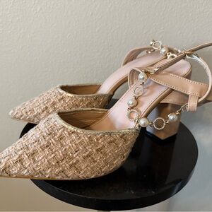 Chic Pearl-Embellished Tan Heels with block heels & pearl/rhinestone strap.